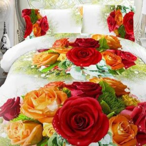 Orange and Pink Rose Print 4-Piece Polyester Duvet Cover Sets