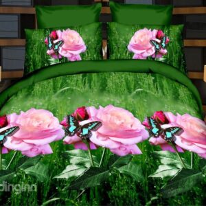 Butterfly and Rose Print 4-Piece Polyester Duvet Cover Sets