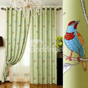 Lovely Green Bird Print High Shading Degree Grommet Top Curtain