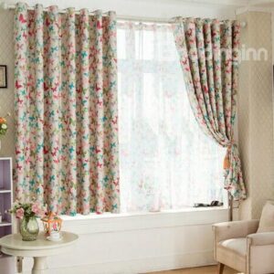 Colorful Butterfly Printing High Shading Degree Grommet Top Curtain