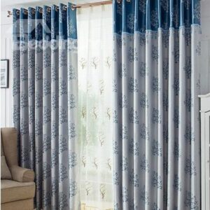 Stylish Blue Tree Pattern Duplex Jacquard Grommet Top Curtain