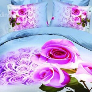 Amazing Pink Rose Print 4-Piece Cotton Duvet Cover Sets
