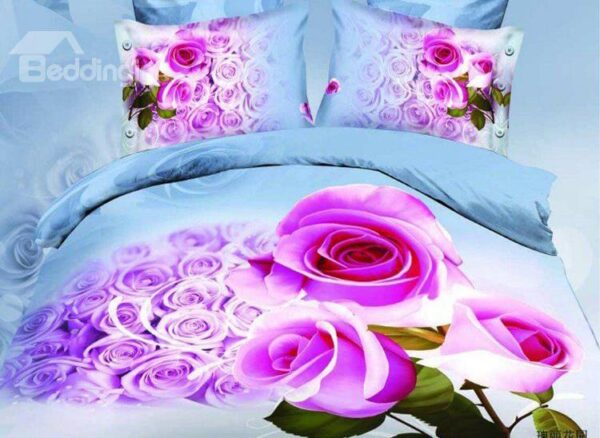 Amazing Pink Rose Print 4-Piece Cotton Duvet Cover Sets