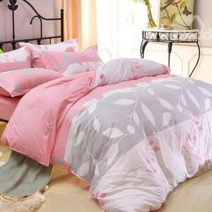 Elegant White Leaves Print 4-Piece Cotton Duvet Cover Sets