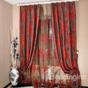Top Class Chenille Jacquard Red Floral Pattern Double Pinch Pleat Curtain