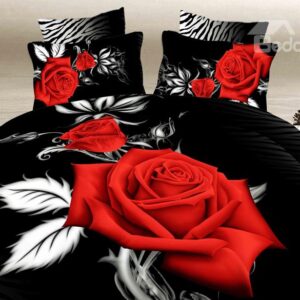 Bright Red Rose with Black Ground Print 4-Piece Duvet Cover Sets
