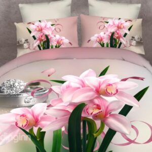 Pink Daffodil and Diamond Ring Print 4-Piece Polyester Duvet Cover Sets