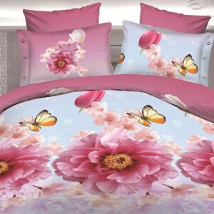 Pink Flower and Butterfly Print 4-Piece Polyester Duvet Cover Sets
