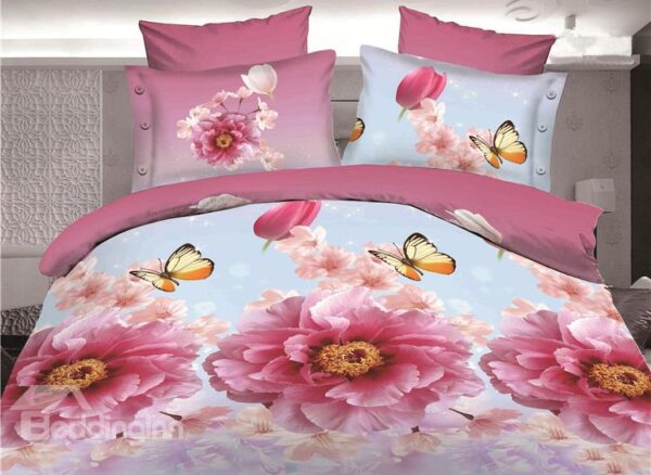 Pink Flower and Butterfly Print 4-Piece Polyester Duvet Cover Sets