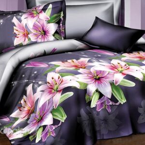 Pink Lily Print 4-Piece Polyester Duvet Cover Sets