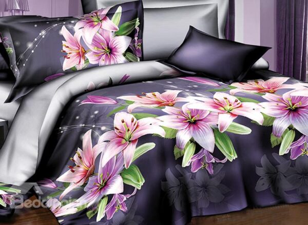 Pink Lily Print 4-Piece Polyester Duvet Cover Sets