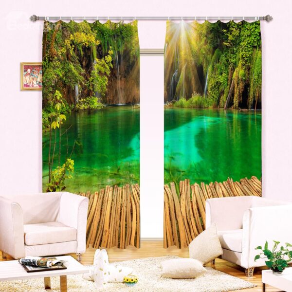 New Arrival Serene Lake Green Forest Printing 3D Curtain