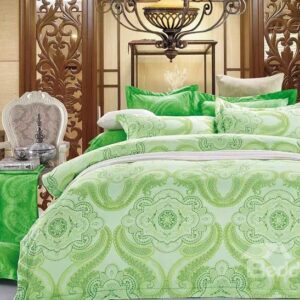 Green Paisley Flower Print 4-Piece Polyester Duvet Cover Sets
