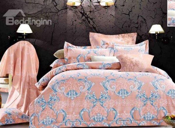 Ogee Leaves Print 4-Piece Polyester Duvet Cover Sets