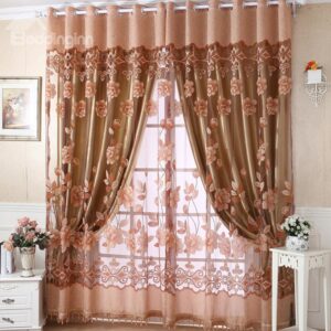 Luxury Golden Floral Pattern Sheer & Grommet Top Curtain