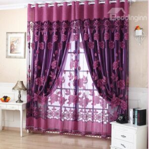 Amazing Deep Purple Floral Pattern Sheer & Grommet Top Curtain