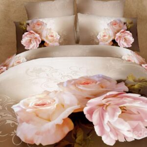 Oriental Peony Print 4-Piece Cotton Duvet Cover Sets