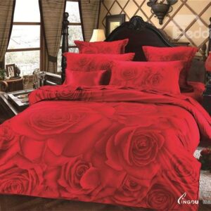 Wonderful Red Rose Print 4-Piece Cotton Duvet Cover Sets