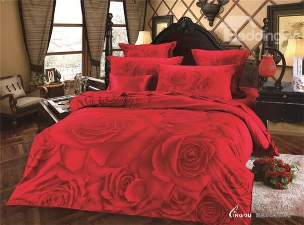 Wonderful Red Rose Print 4-Piece Cotton Duvet Cover Sets