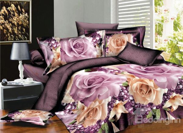 Sweet Flower and Fruit Print 4-Piece Polyester Duvet Cover Sets