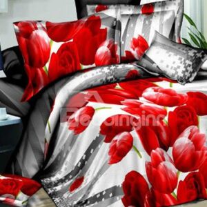 Fire Red Tulips Print 4-Piece Polyester Duvet Cover Sets