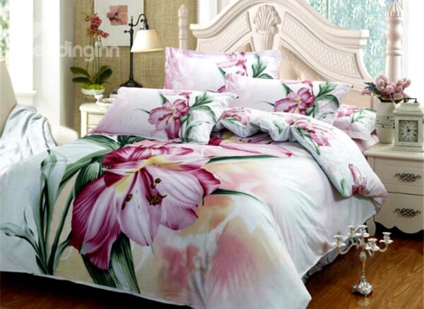 Pink Lily Flower Print 4-Piece Cotton Duvet Cover Sets