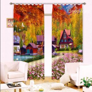Tranquil Natural Scenery Houses Print Light Blocking 3D Curtain