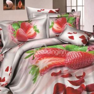 Strawberry and Rose Petal Print 4-Piece Cotton Duvet Cover Sets