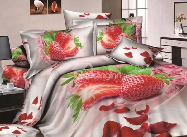 Strawberry and Rose Petal Print 4-Piece Cotton Duvet Cover Sets