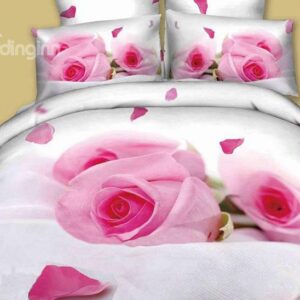 Enchanting Pink Rose Print 4-Piece Cotton Duvet Cover Sets