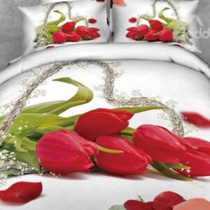 Heart Shaped Cane and Tulips Print 4-Piece Cotton Duvet Cover Sets