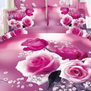 Pink Rose and White Flower Print 4-Piece Cotton Duvet Cover Sets