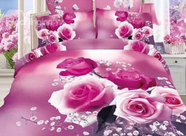 Pink Rose and White Flower Print 4-Piece Cotton Duvet Cover Sets