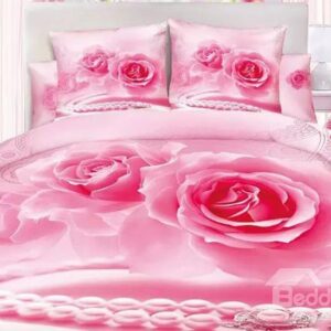 Pink Rose and Diamond Print 4-Piece Cotton Duvet Cover Sets