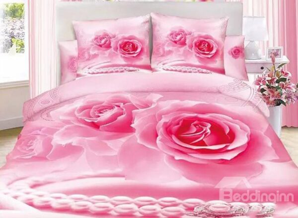 Pink Rose and Diamond Print 4-Piece Cotton Duvet Cover Sets