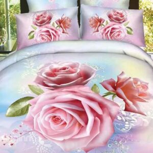 Cream Pink Rose Print 4-Piece Cotton Duvet Cover Sets