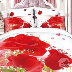 Fancy Red Rose Print 4-Piece Cotton Duvet Cover Sets