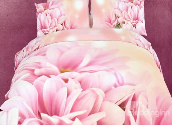 Soft Pink Flowers Print 4-Piece Cotton Duvet Cover Sets