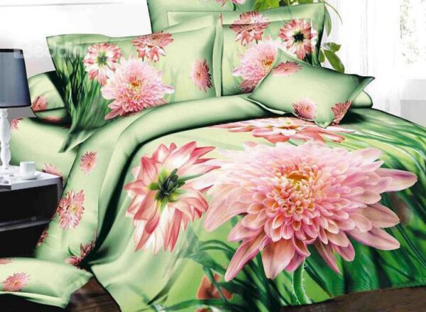 Pink Flower in the Green Grass Print 4-Piece Cotton Duvet Cover Sets