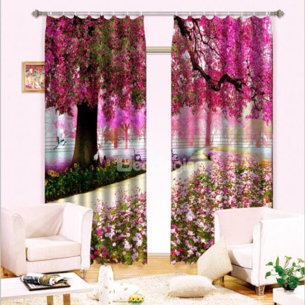 Wonderful Trees Colorful Flowers Light Blocking 3D Curtain