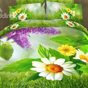 White Flower and Green Grass Print 4-Piece Polyester Duvet Cover Sets