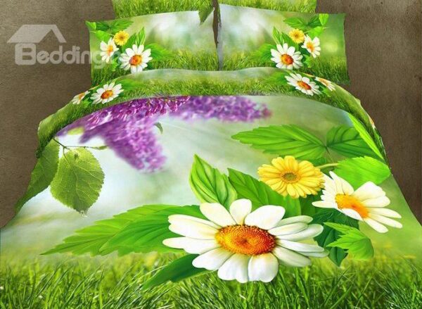 White Flower and Green Grass Print 4-Piece Polyester Duvet Cover Sets
