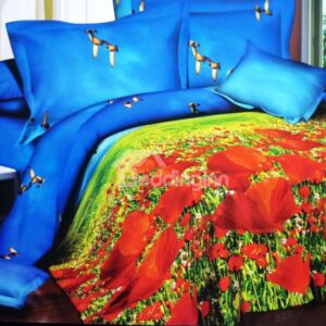 Fire Red Poppy Flower Print 4-Piece Cotton Duvet Cover Sets