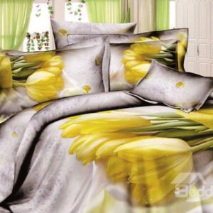 Soft and Comfort Yellow Tulip Print 4-Piece Cotton Duvet Cover Sets