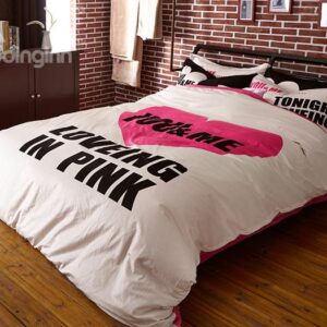Loving in Pink with White Ground Print 4-Piece Coral Fleece Duvet Cover Sets