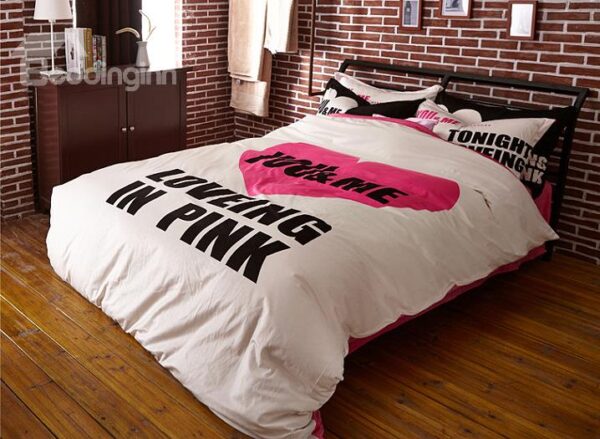 Loving in Pink with White Ground Print 4-Piece Coral Fleece Duvet Cover Sets