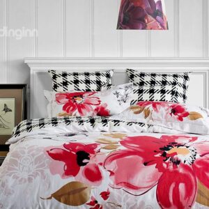 Houndstooth and Bright Flower Print 4-Piece Cotton Duvet Cover Sets