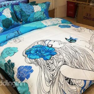 Beautiful Girl and Butterfly Print 4-Piece Cotton Duvet Cover Sets