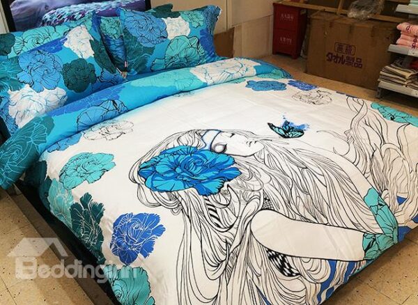 Beautiful Girl and Butterfly Print 4-Piece Cotton Duvet Cover Sets