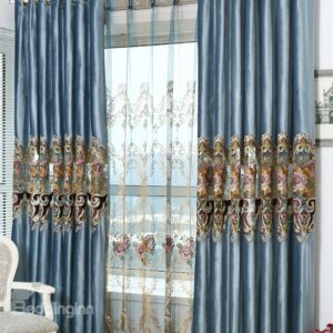 Luxury Blue Color Embroidery Custom Grommet Top Curtain